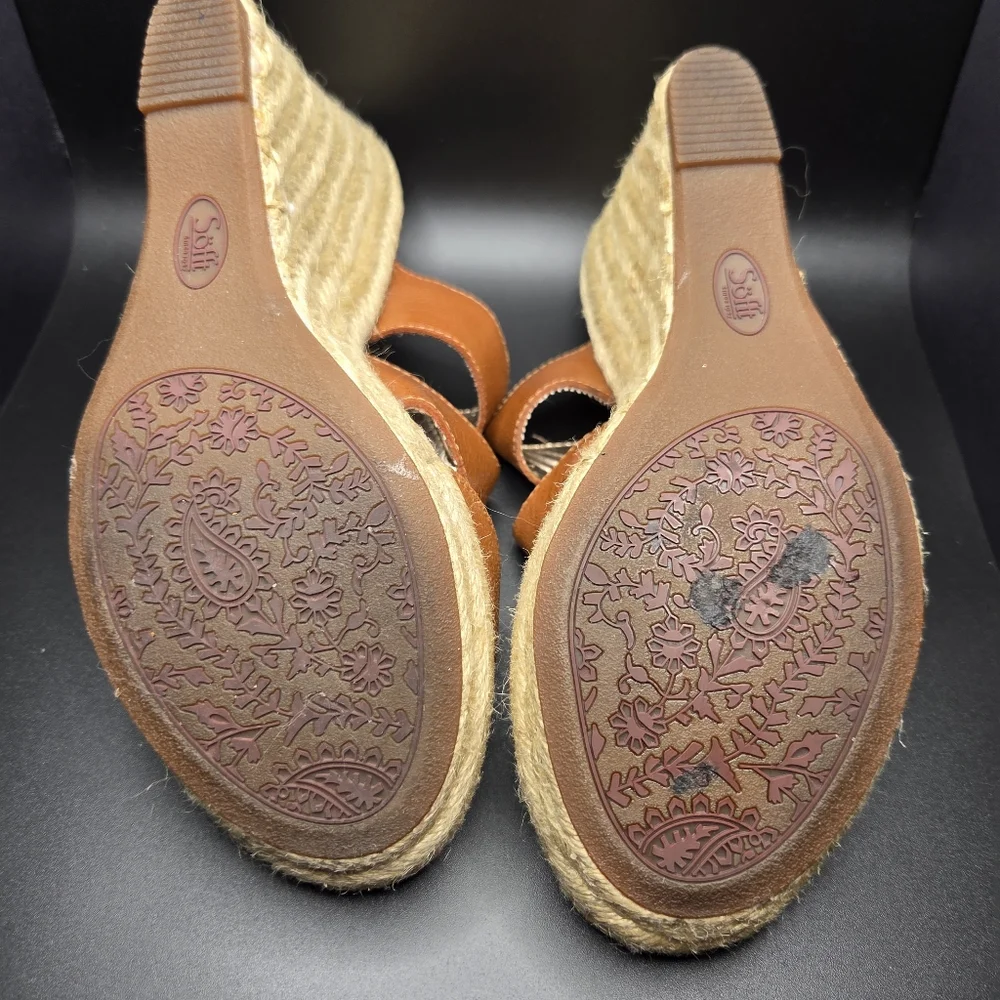 Söfft Leather Studded Cutout Espadrille Wedge Mule Sandals 6.5M Cognac